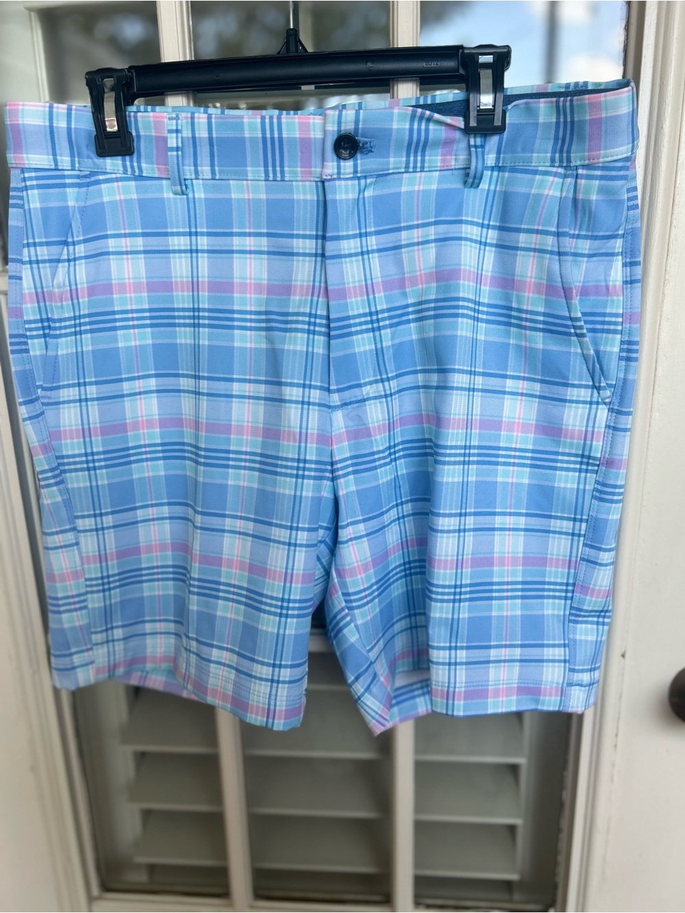 Izod Light Blue Plaid Golf Shorts with Pink Accents